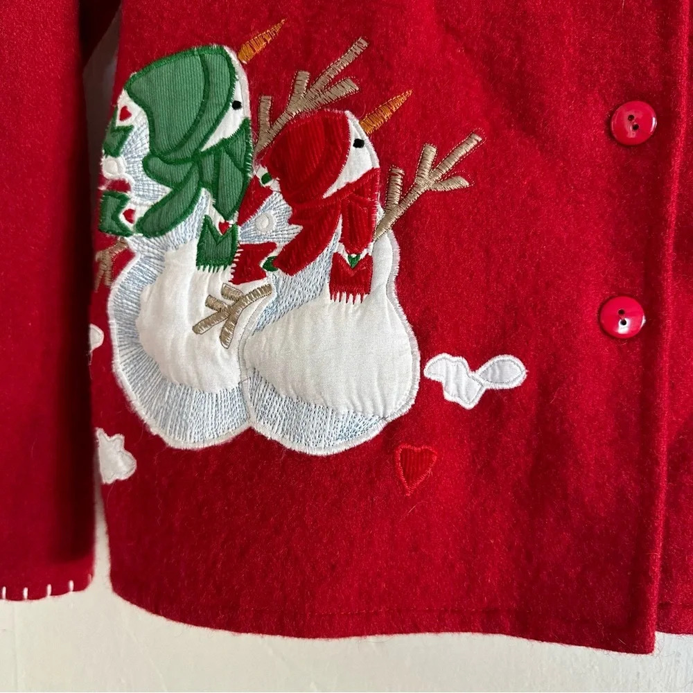 Vintage Take Two Christmas Wool Blend Sweater Coat Sz M Red Embroidered Snowman - Picture 2 of 15